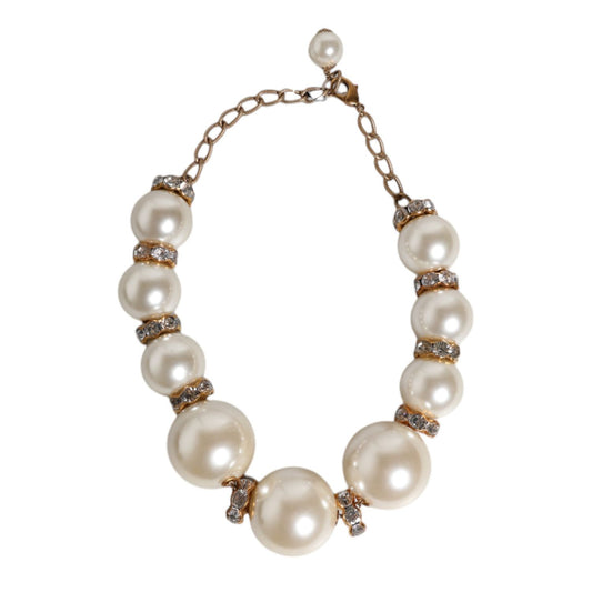 Dolce & Gabbana White Maxi Faux Pearl Beads Crystals Gold Chain Necklace