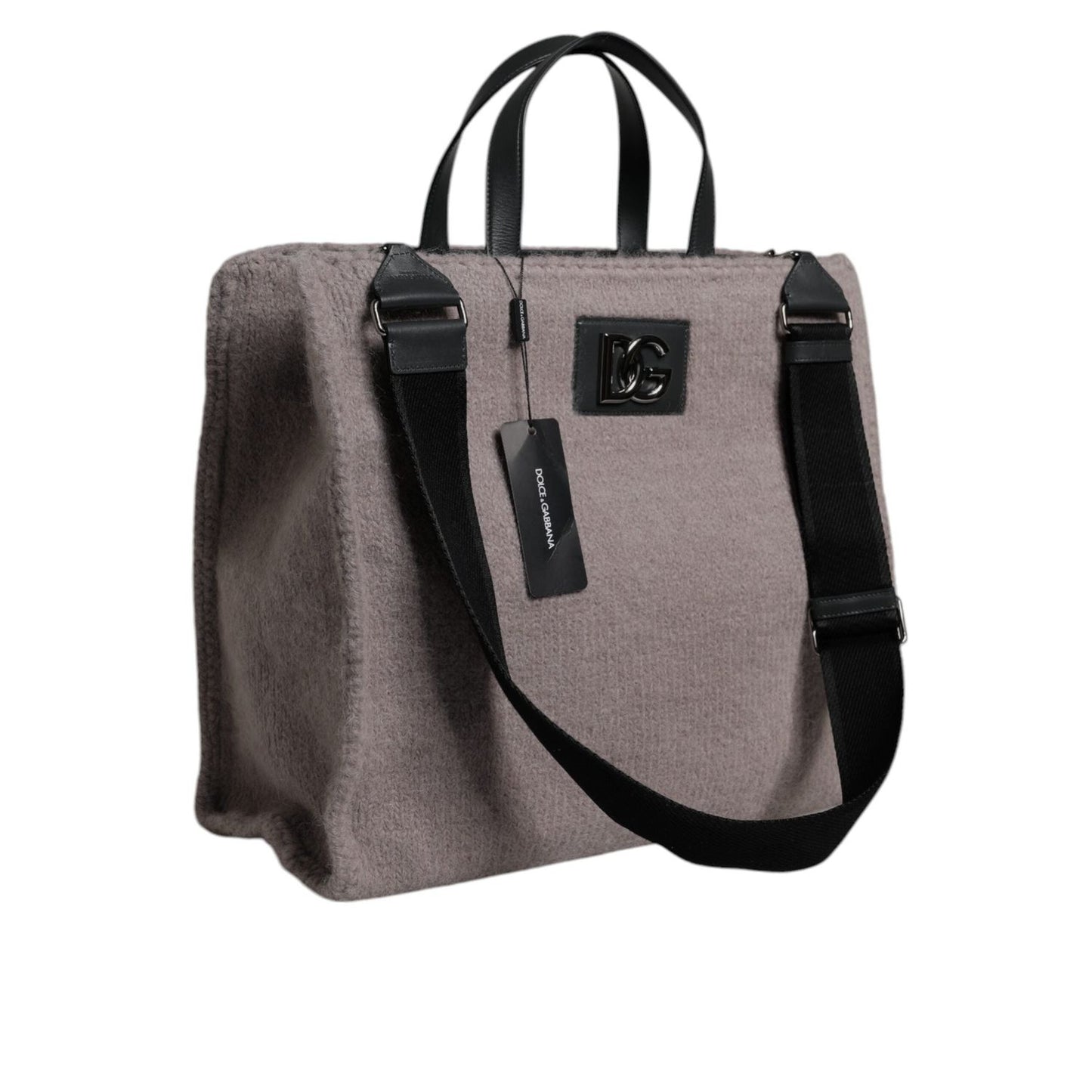 Dolce & Gabbana Grey Alpaca Wool Logo Plaque Tote Shoulder Bag BAG4332