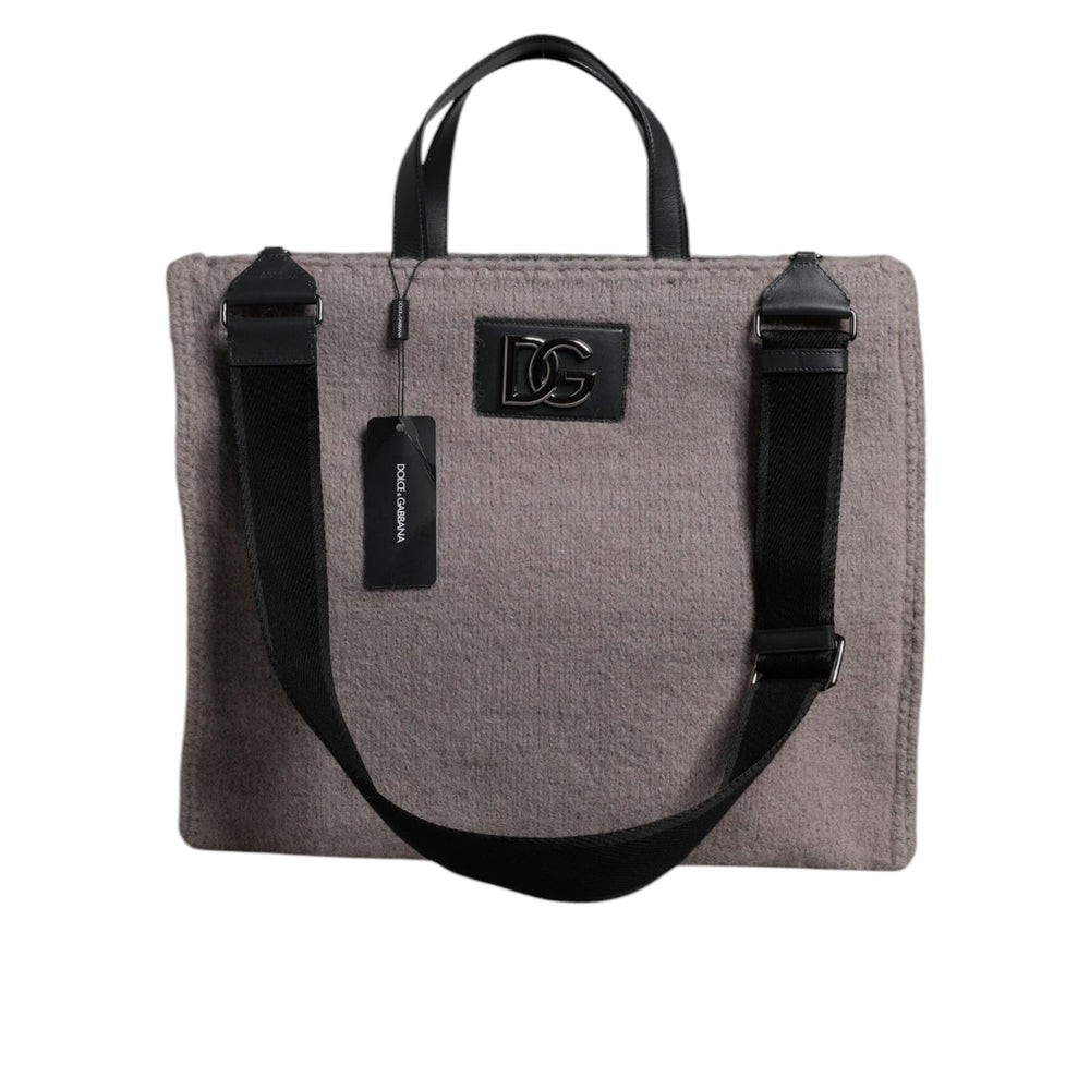 Dolce & Gabbana Grey Alpaca Wool Logo Plaque Tote Shoulder Bag BAG4332