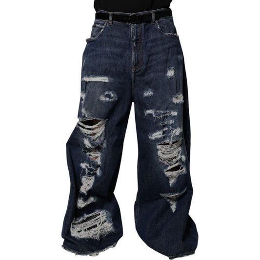 Dolce & Gabbana Dark Blue Tattered Wide Leg Men Denim Jeans