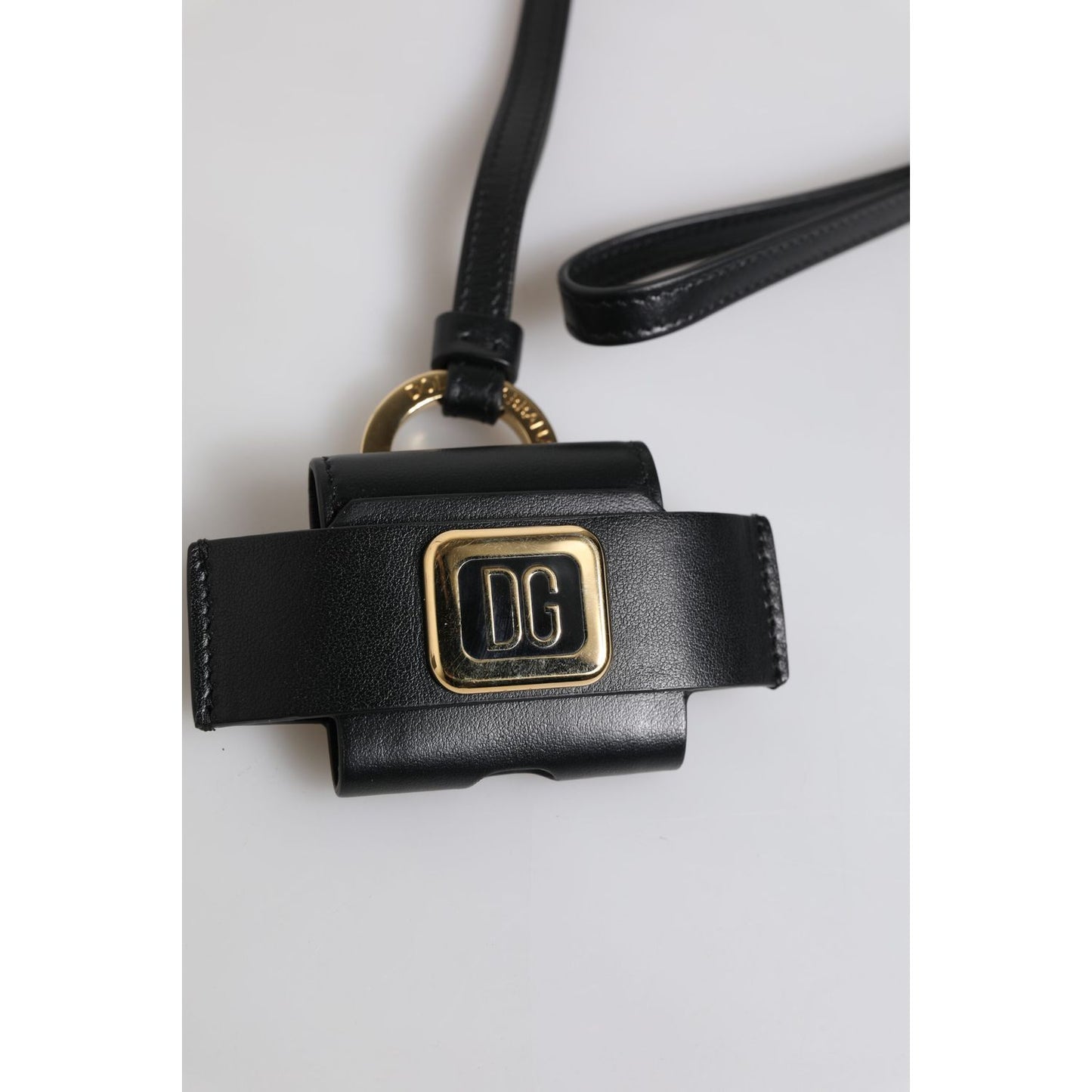 Dolce & Gabbana Black Leather Strap Gold Metal Logo Plaque Airpods Case