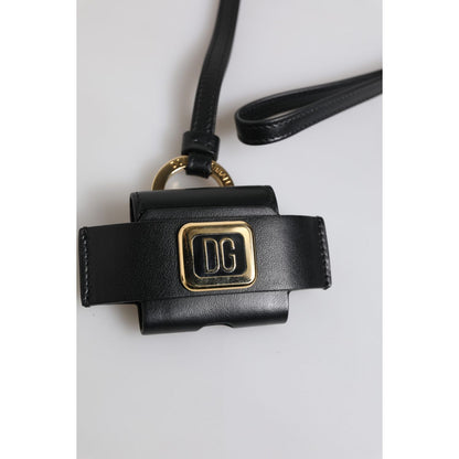 Dolce & Gabbana Black Leather Strap Gold Metal Logo Plaque Airpods Case