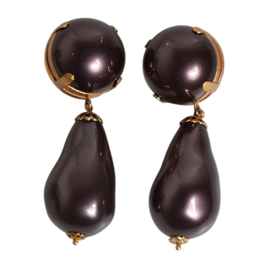 Dolce & Gabbana Gold Brass Black Pearl Clip On Dangling Jewelry Earrings SMY10508
