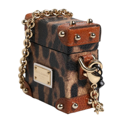 Dolce & Gabbana Brown Leopard Metal Logo Plaque Gold Chain Airpods Case