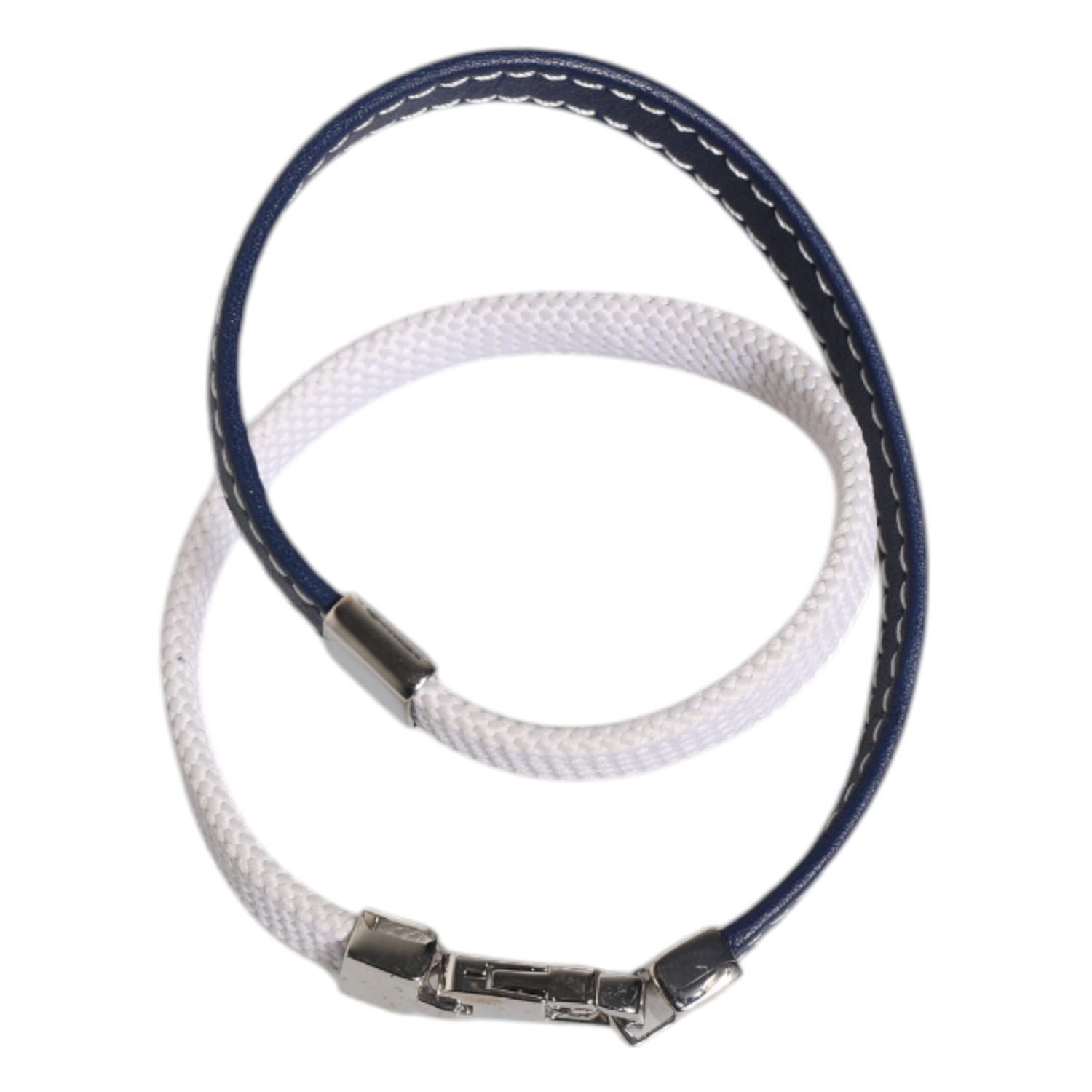 Dolce & Gabbana Blue White Leather Trimmed DG Engraved Silver Tone Clasp Bracelet