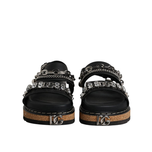 Dolce & Gabbana Black Crystal Embellish Strap Sandals Shoes LA12514-36