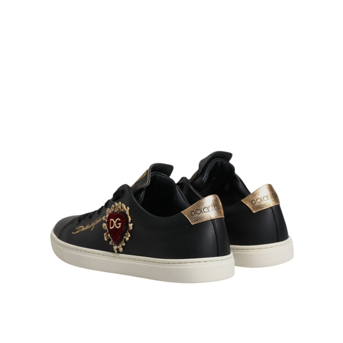 Dolce & Gabbana Black Leather Gold Red Heart Sneakers Shoes