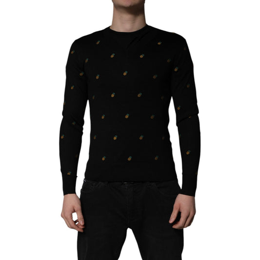 Dolce & Gabbana Black Pineapple Crew Neck Pullover Sweater