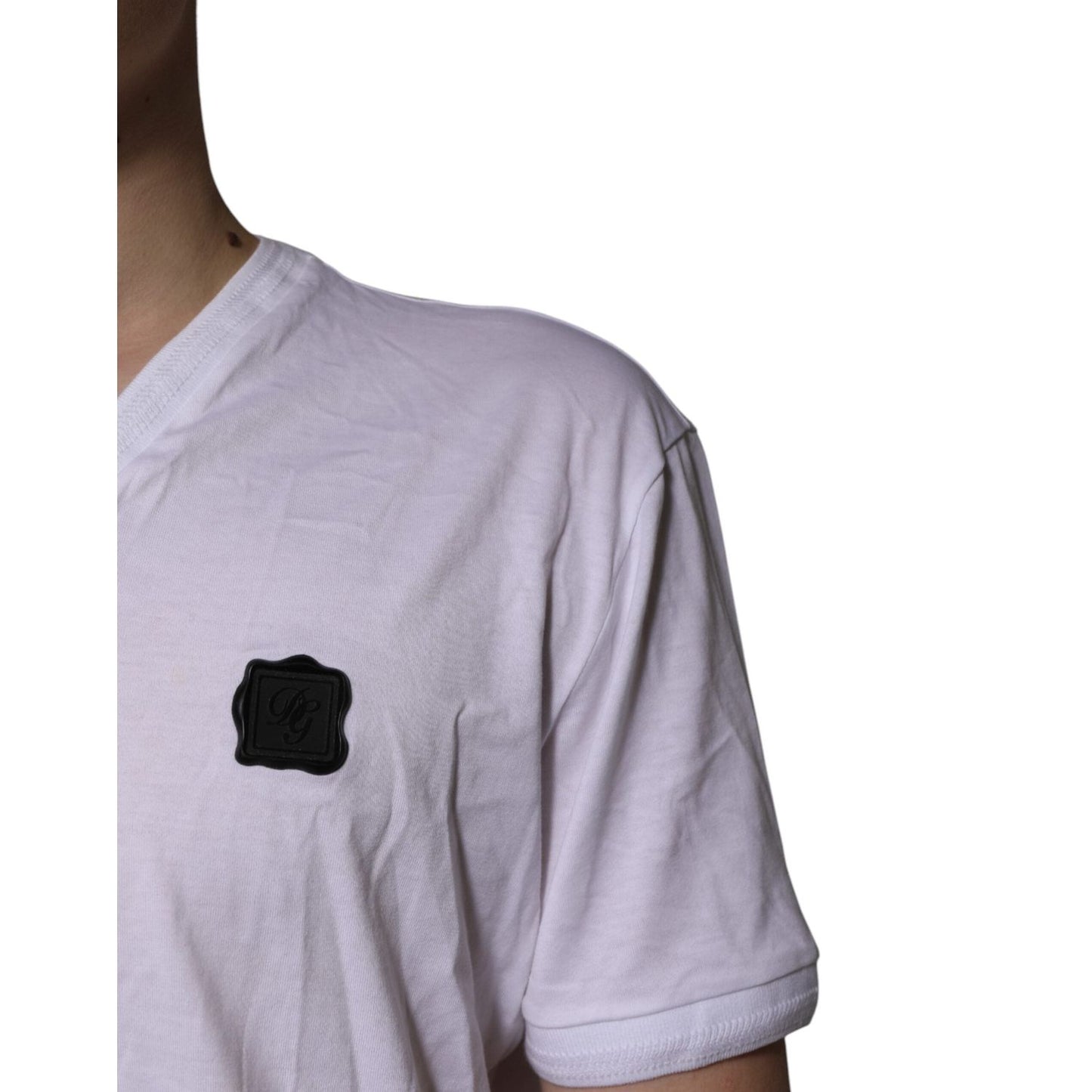 Dolce & Gabbana White Cotton Logo Patch V-neck Tee T-shirt TSH85127-52