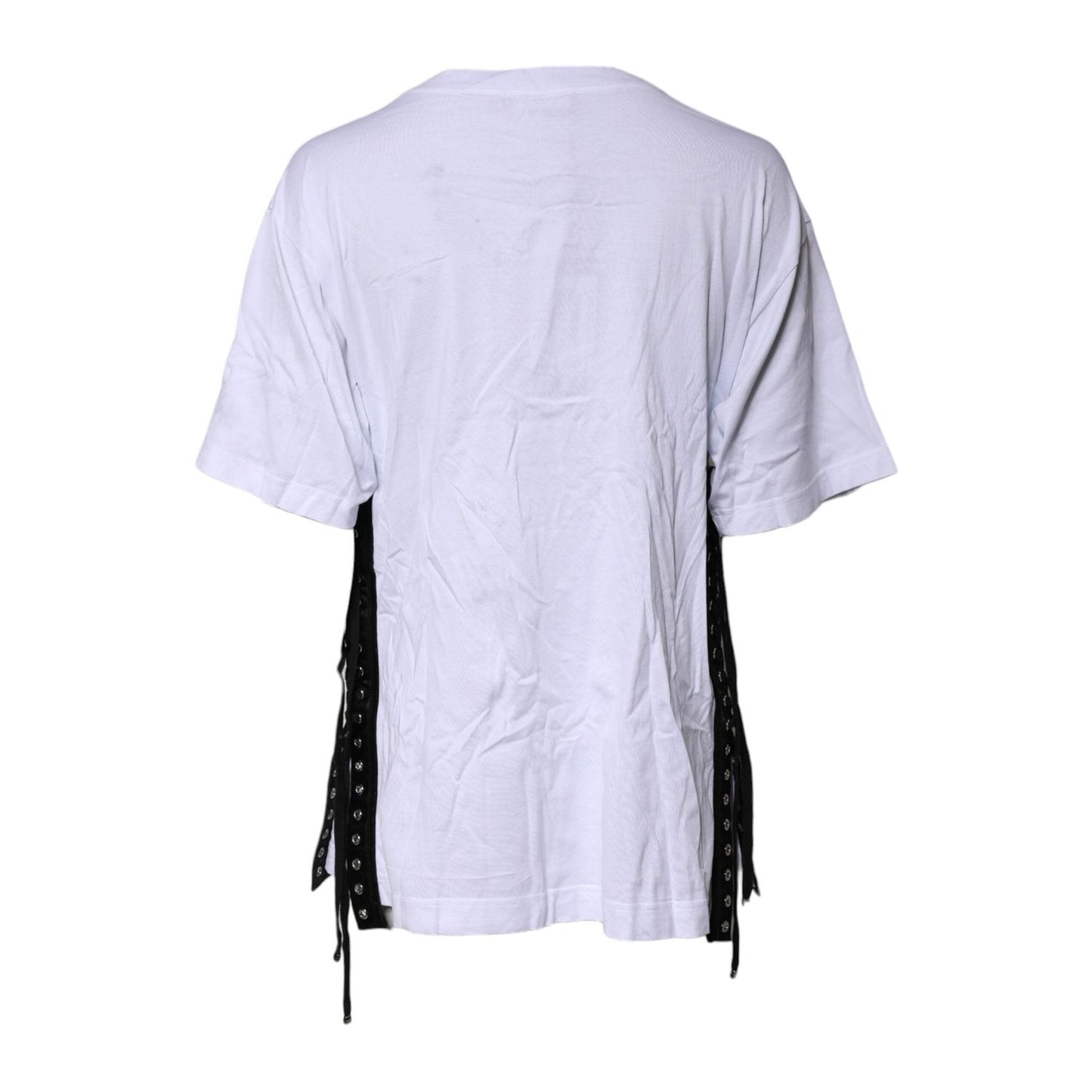 Dolce & Gabbana White Print Lace-Up Cotton Crew Neck T-shirt TSH86867-38