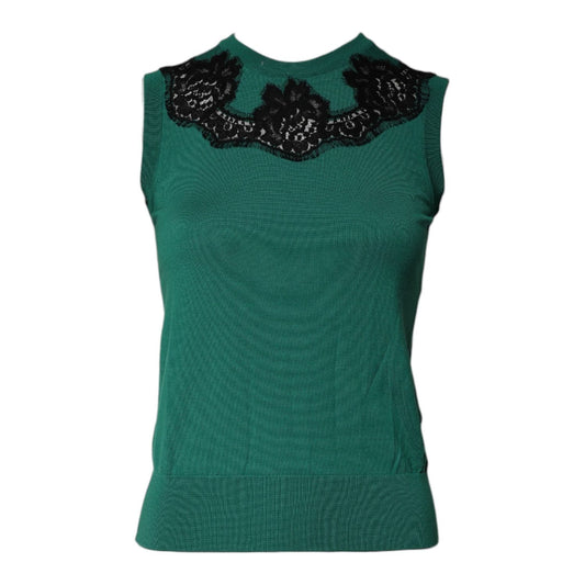 Dolce & Gabbana Green Wool Lace Detail Sleeveless Tank Top TSH87145-36