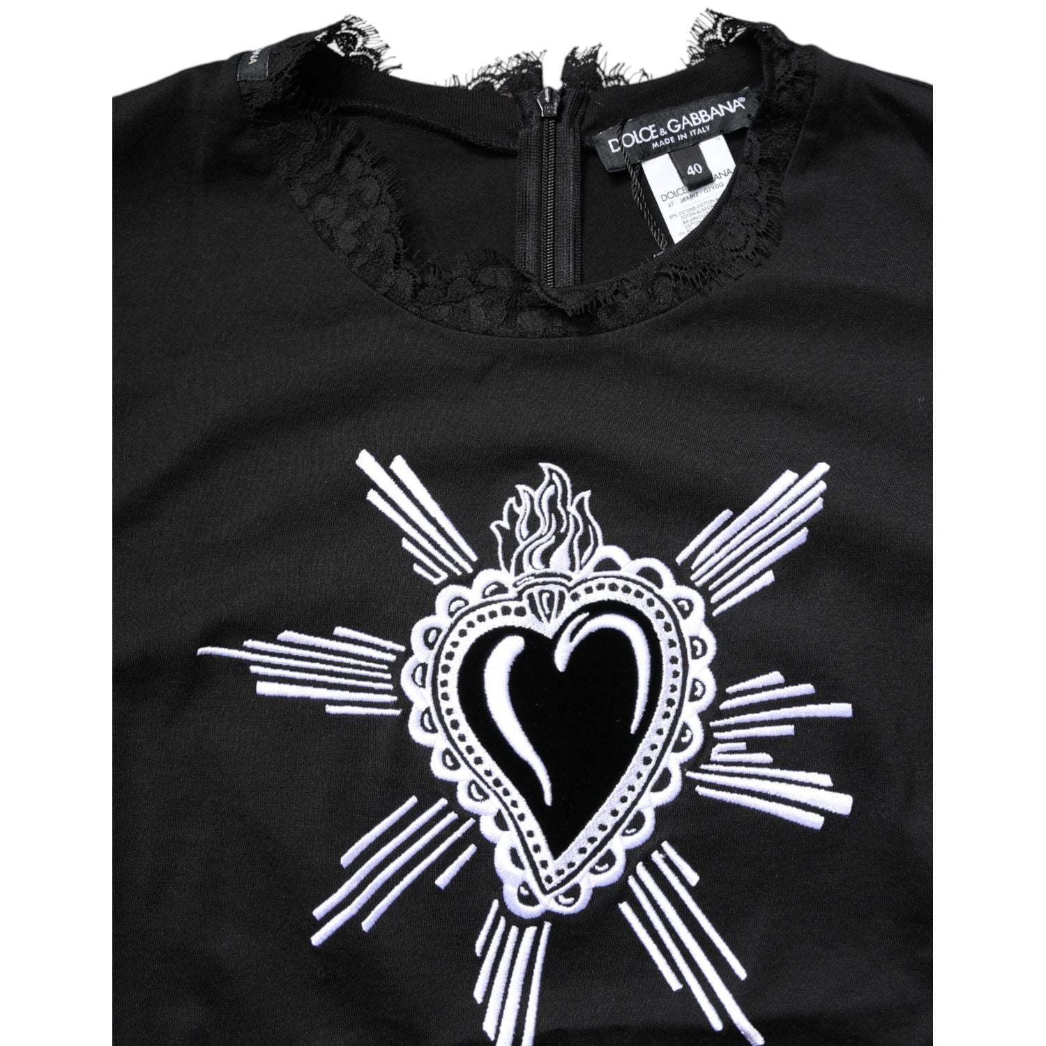 Dolce & Gabbana Black Lace Sheer Sacred Heart Crew Neck Top