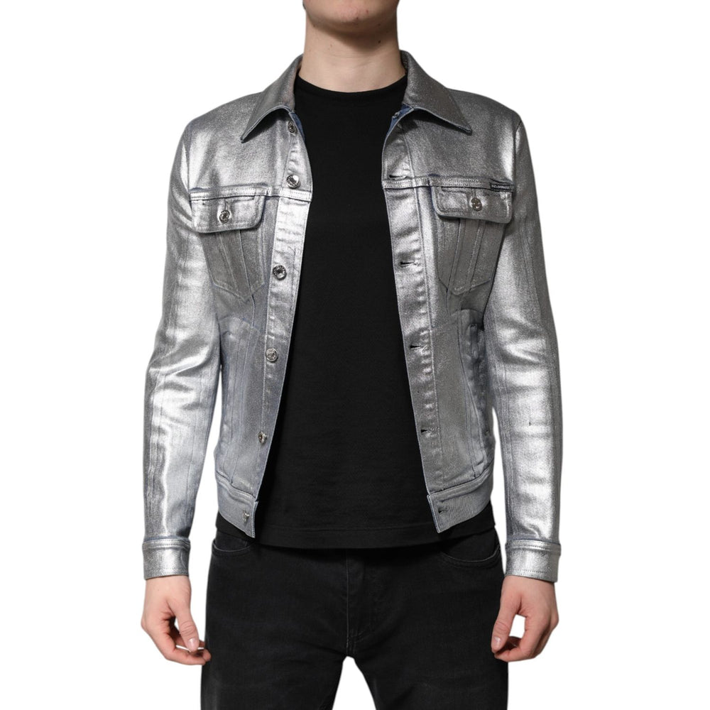 Dolce & Gabbana Silver Cotton Button Down Denim Biker Jacket JKT4130-48