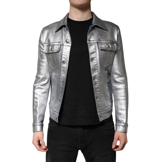 Dolce & Gabbana Silver Cotton Button Down Denim Biker Jacket JKT4130-48