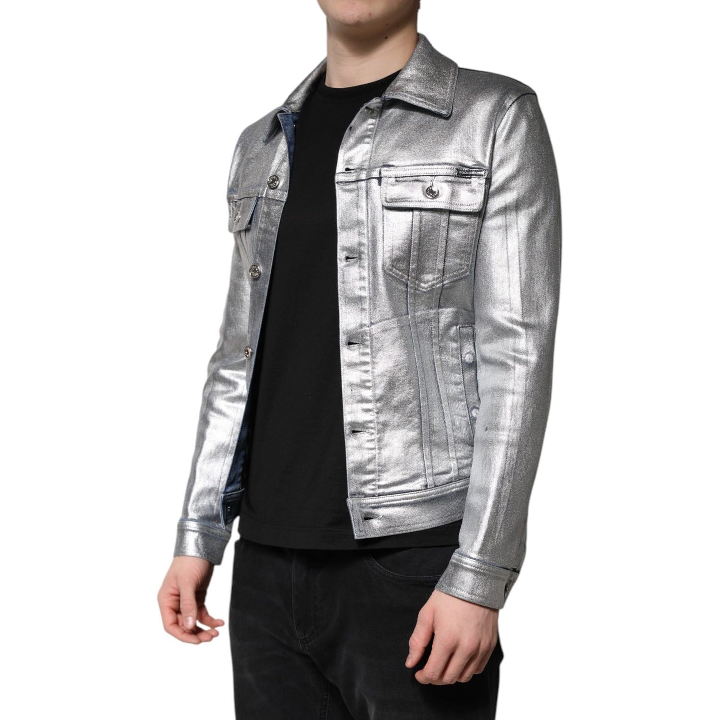 Dolce & Gabbana Silver Cotton Button Down Denim Biker Jacket