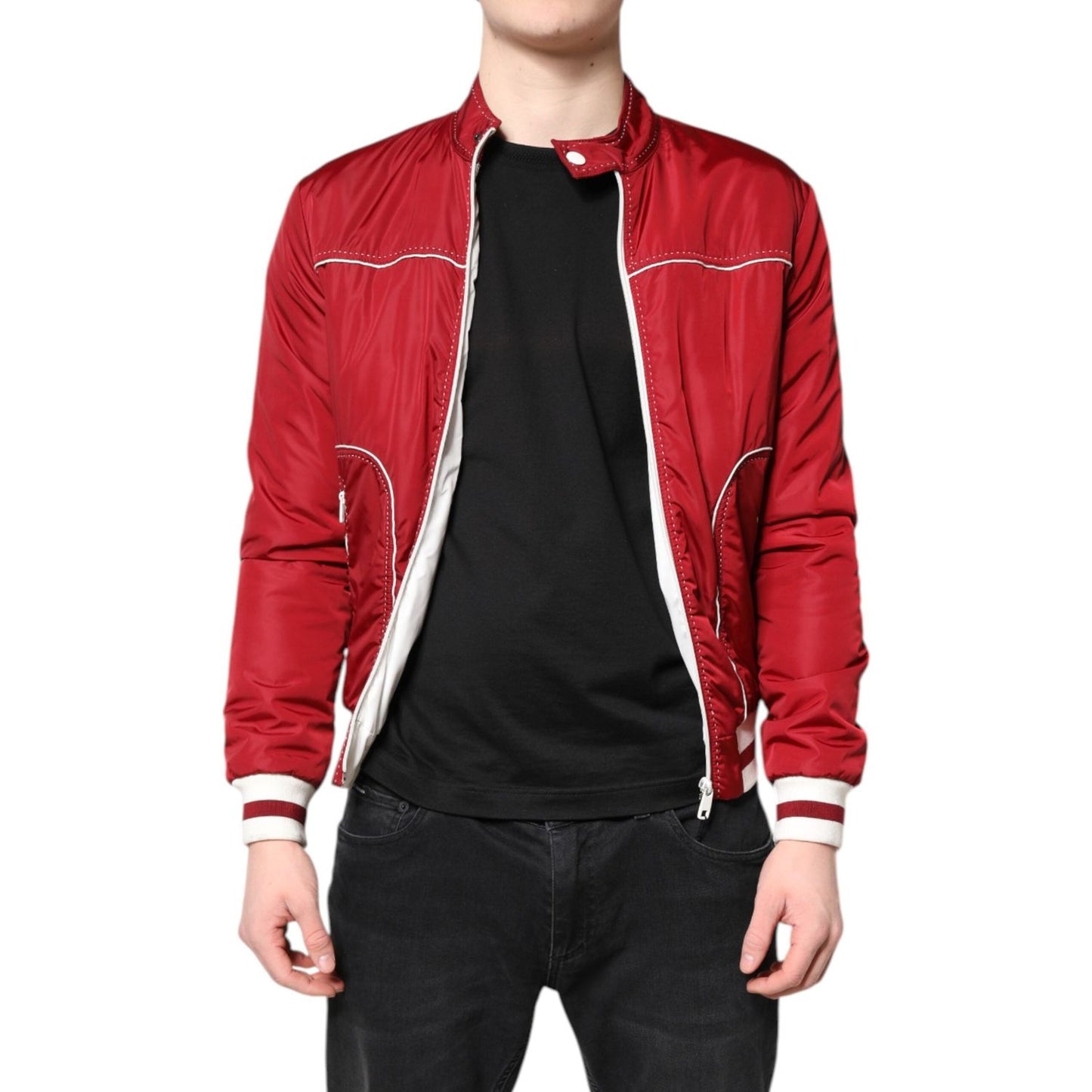 Dolce & Gabbana Red White Nylon Full Zip Men Bomber Jacket JKT4139-44
