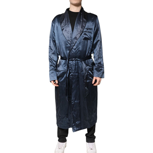 Dolce & Gabbana Blue Solid Silk Men Wrap Robe Coat Jacket JKT41348-46