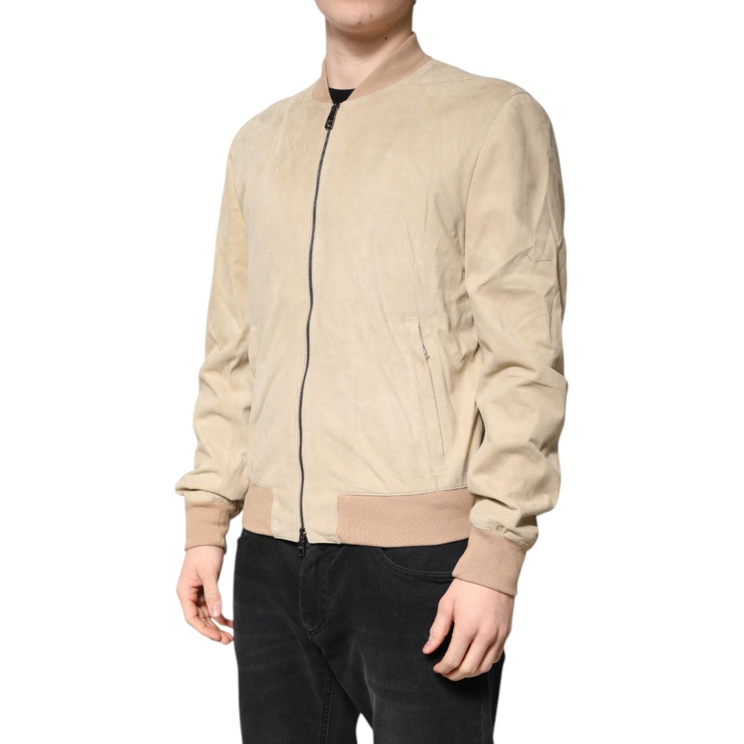 Dolce & Gabbana Beige Lambskin Full Zip Men Bomber Jacket JKT41365-52