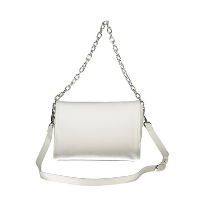 Mario Valentino White Polyethylene Handbag with chain handle and adjustable straps, featuring zip closure and logo.