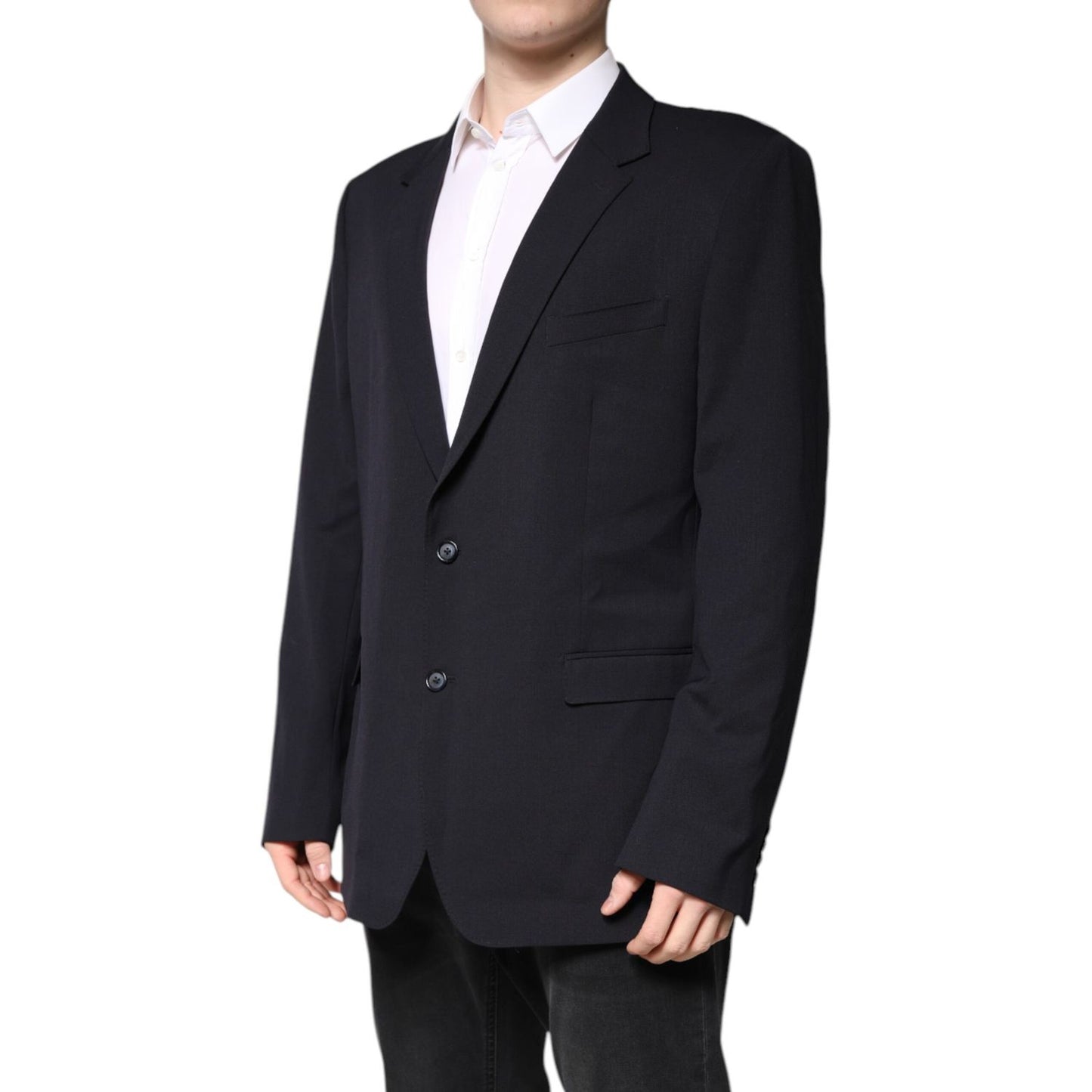 Dolce & Gabbana Dark Blue Wool Single Breasted Coat Blazer