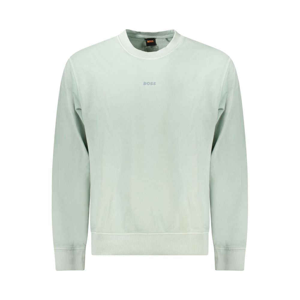 Hugo Boss Green Cotton Men Sweater, crew neck, featuring brushed texture and iconic logo, perfect for casual sophistication. Color: Green.