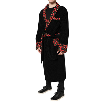 Dolce & Gabbana Black Cherry Print Wrap Robe Men Coat Jacket