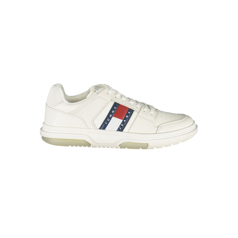 Tommy Hilfiger White Leather Men Sneaker with signature logo and contrasting details, offering a blend of athletic luxury and comfort.