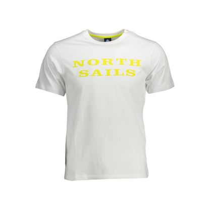 North Sails White Cotton Men T-Shirt with yellow logo print, crew neck design, showcasing casual sophistication and comfort.