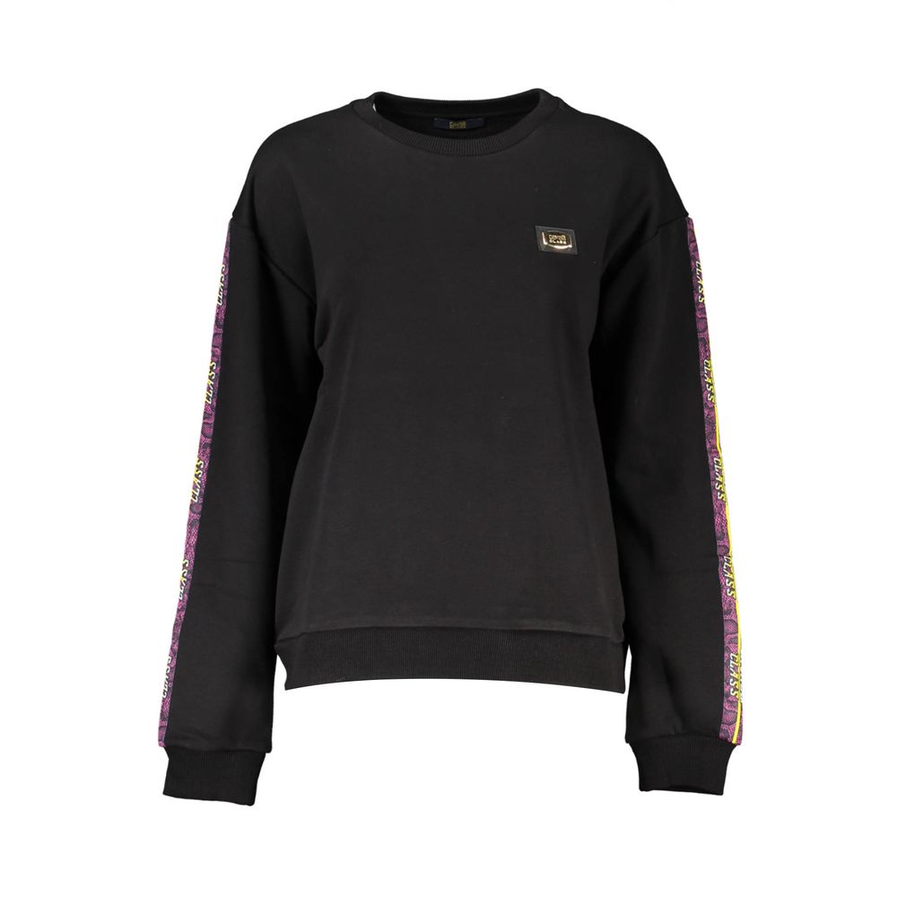 Cavalli Class Black Cotton Women Sweater with long sleeves, crew neck, bold logo print, and stylish design for fashion-forward individuals.
