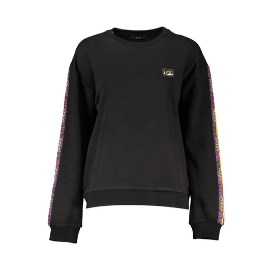 Cavalli Class Black Cotton Women Sweater with long sleeves, crew neck, bold logo print, and stylish design for fashion-forward individuals.