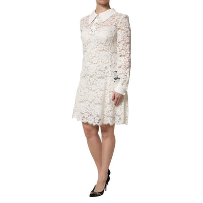 Dolce & Gabbana White Floral Lace Long Sleeves Shift Dress