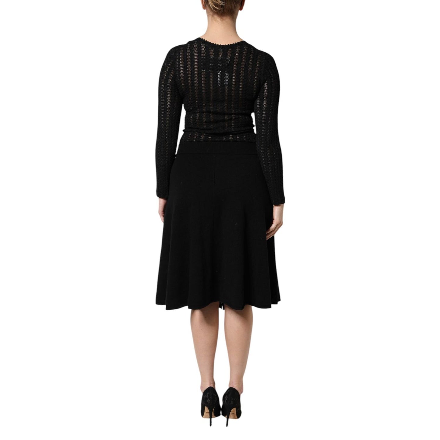 Dolce & Gabbana Black Cashmere Long Sleeves A-line Midi Dress