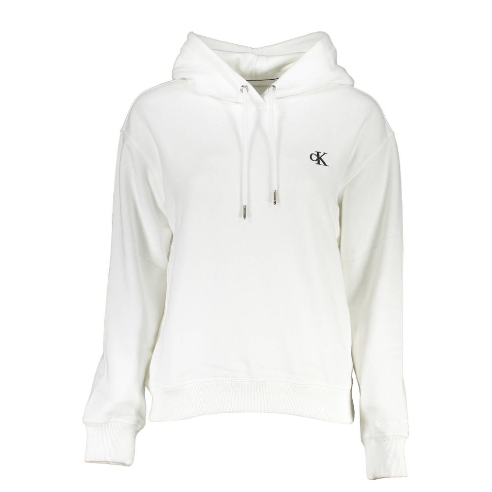 Calvin Klein White Cotton Women Sweater with hoodie, plush fleece interior, and logo embroidery, perfect for cozy chic style.