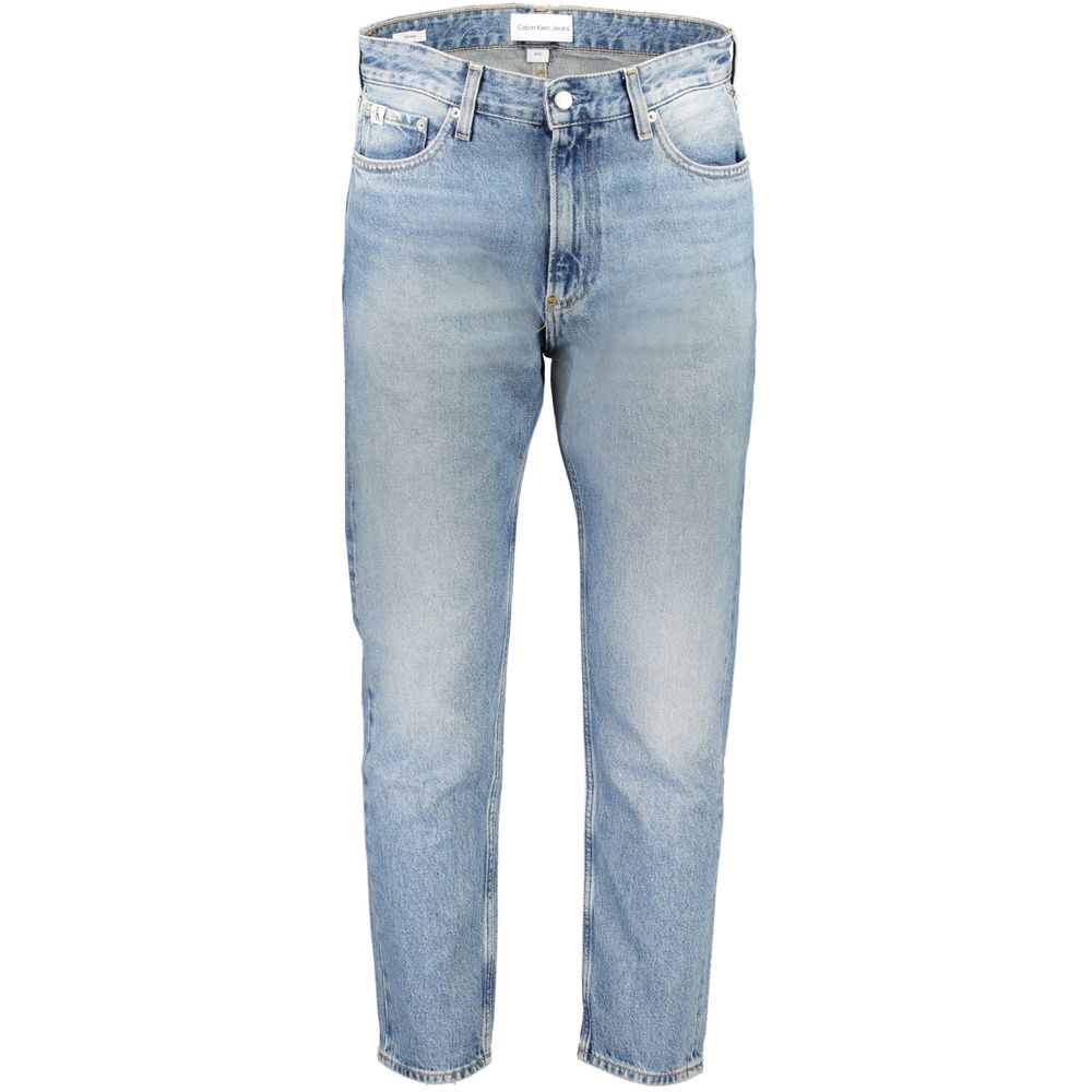 Calvin Klein Blue Cotton Men Jeans with washed effect and recycled cotton blend, featuring classic button closure and logo detail.