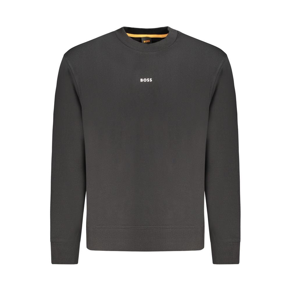 Hugo Boss Black Cotton Men Sweater with crew neck and brushed texture, featuring iconic logo for a refined, modern style statement.