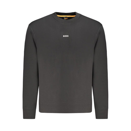 Hugo Boss Black Cotton Men Sweater with iconic logo, sleek crew neck, brushed texture for comfort, and bold print on the chest.