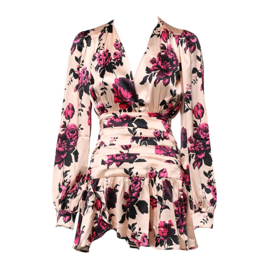 Laneus Pink Floral Silk Long Sleeves V-neck Wrap Mini Dress DR281394-38