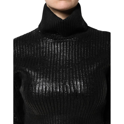 Dolce & Gabbana Black Wool Long Sleeve Turtleneck Cropped Top