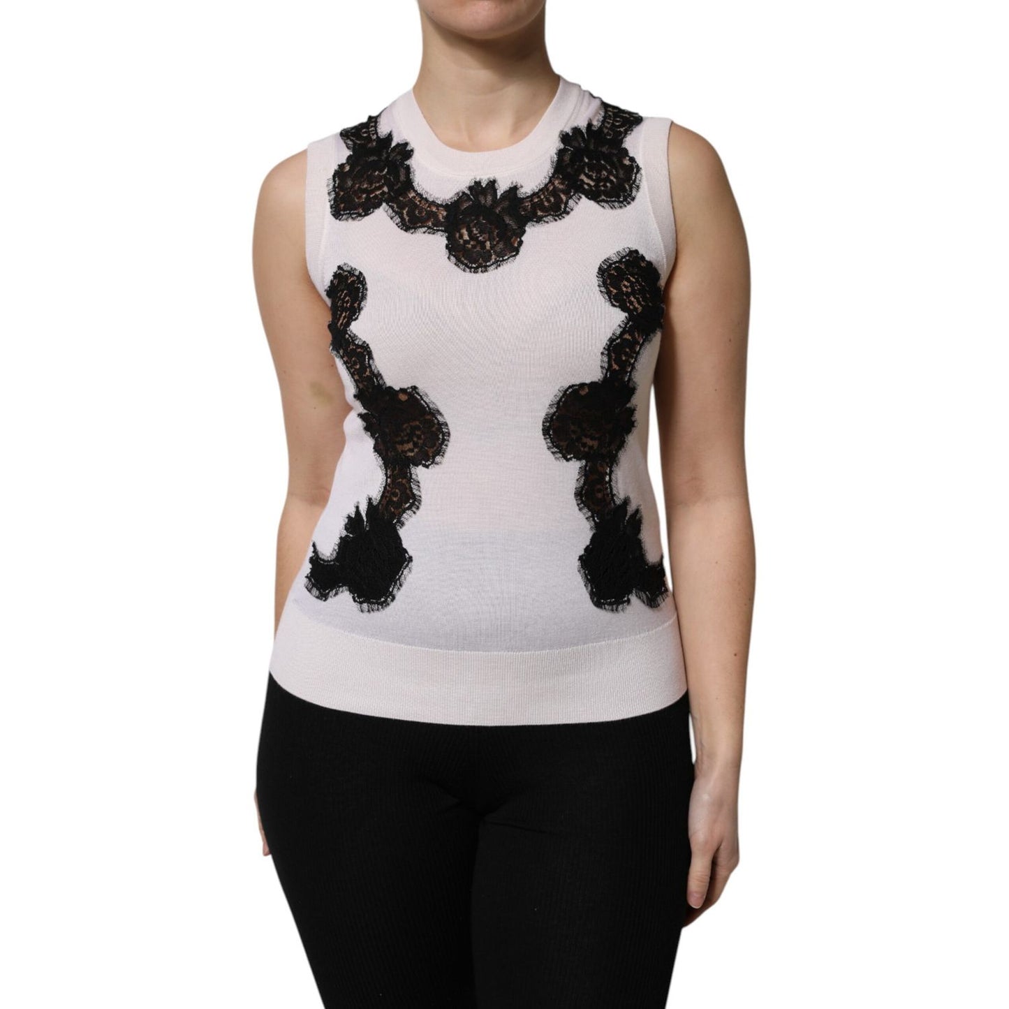 Dolce & Gabbana White Cashmere Floral Lace Detailing Tank Top