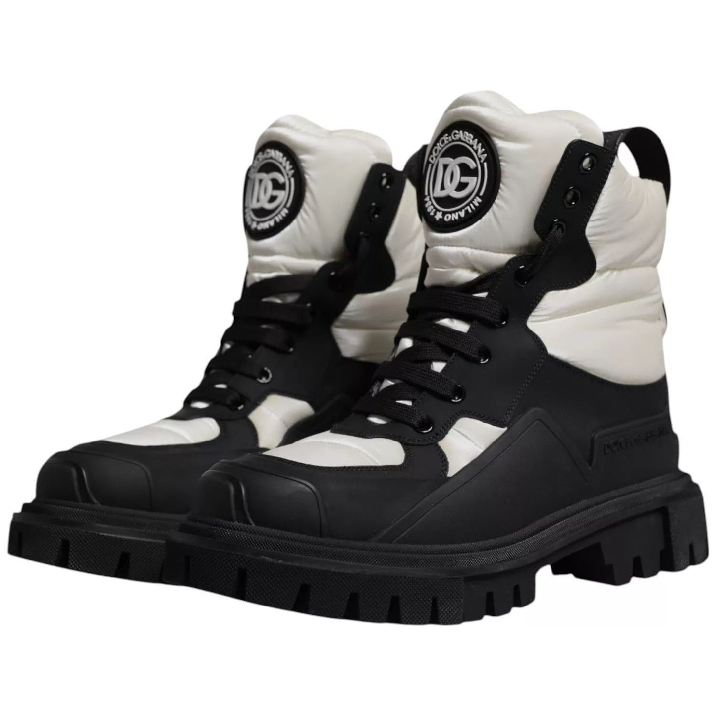 Dolce & Gabbana Black White Padded Mid Calf Lace Up Boots Shoes