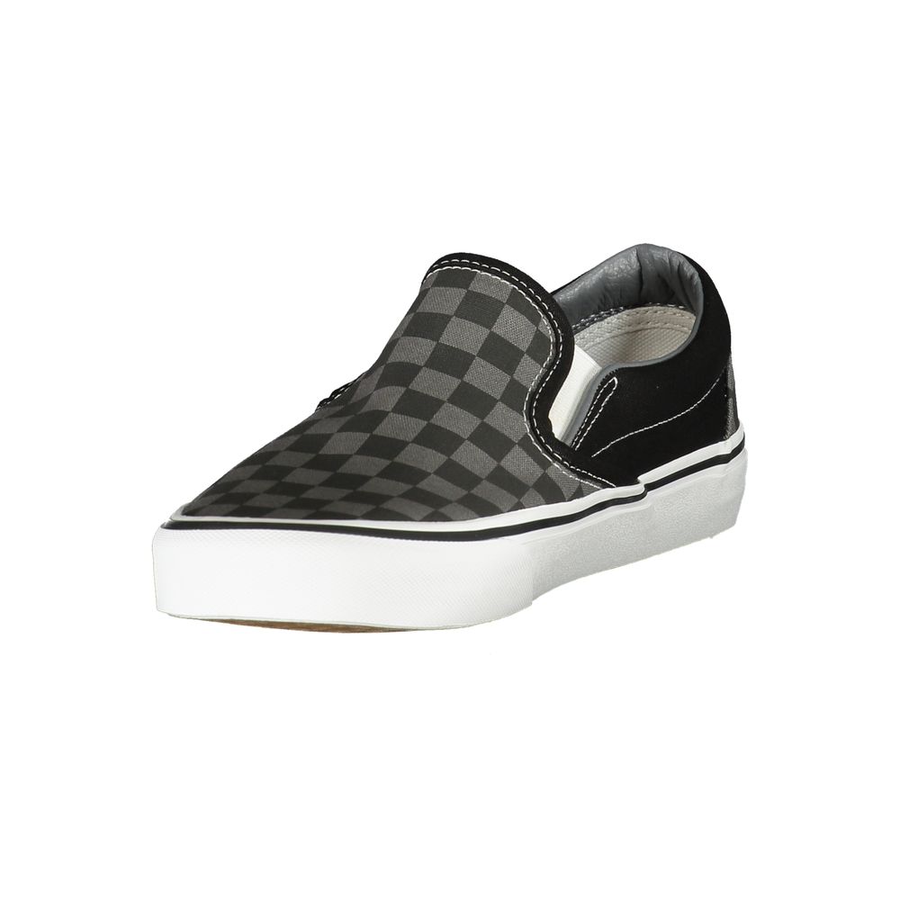 Vans Black Polyester Men Sneaker with checked design, slip-on style showcasing iconic fashion-forward look.
