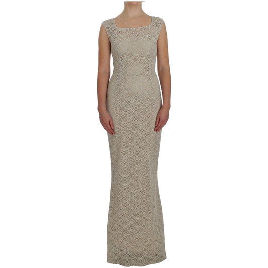 Dolce & Gabbana Beige Ricamo Cutout Cotton Sheath Dress Dresses