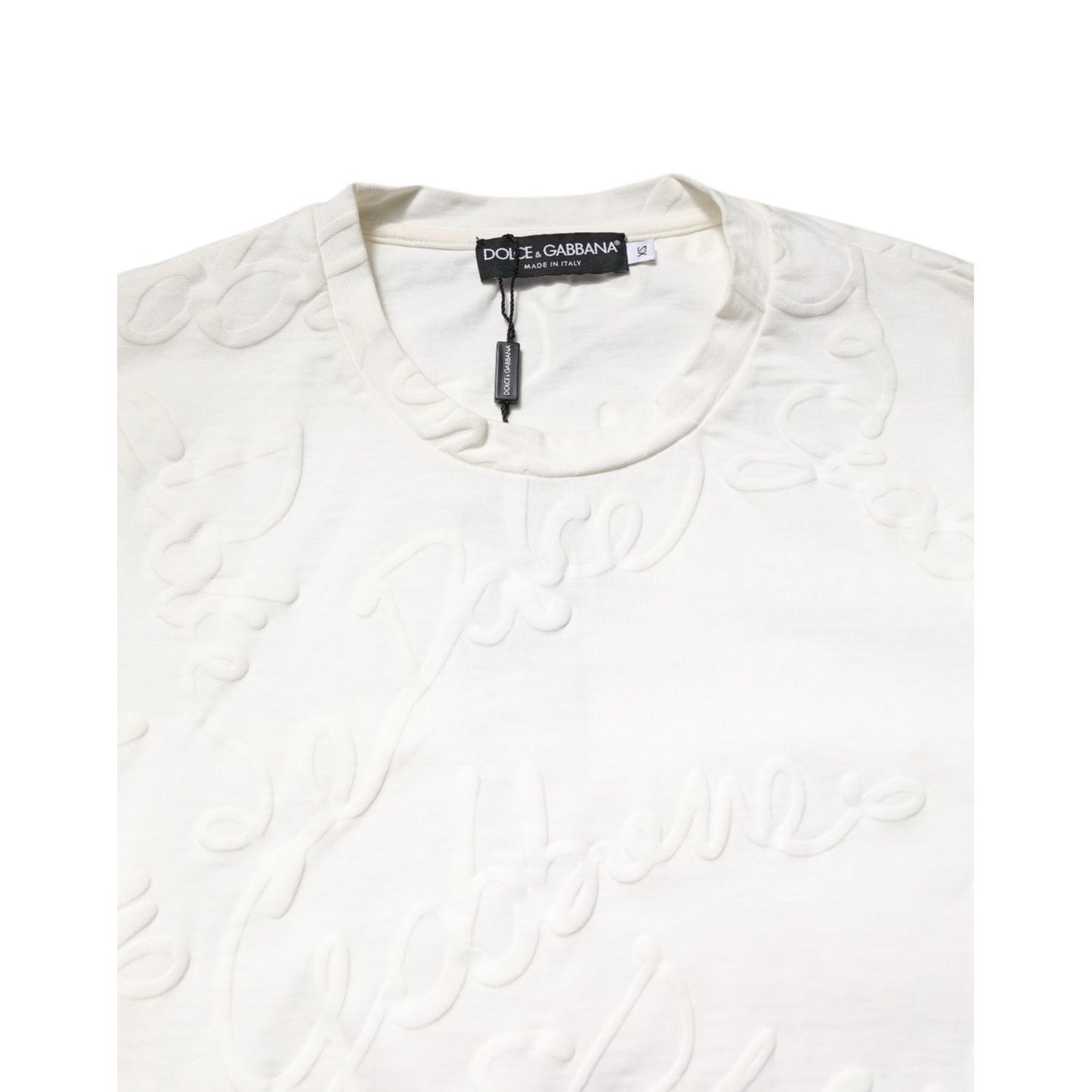 Dolce & Gabbana White Cotton Logo Embossed Crew Neck T-shirt