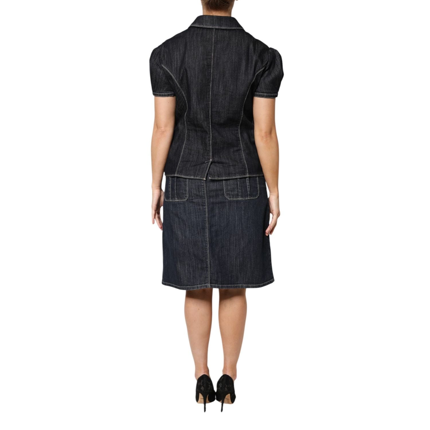 Escada Black Cotton Blend Denim Top Skirt Casual Set