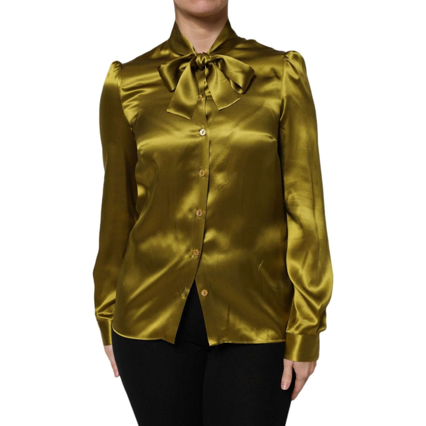 Dolce & Gabbana Green Ascot Collar Long Sleeves Blouse Top