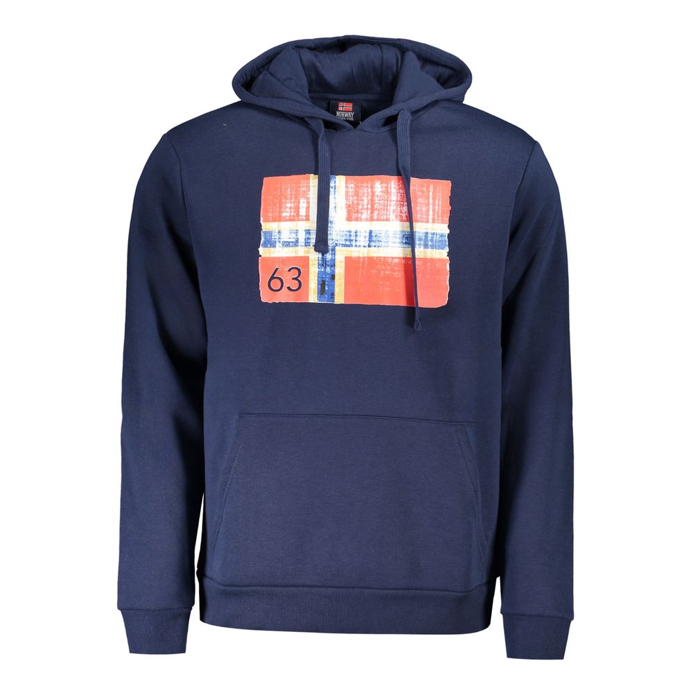 Norway 1963 Blue Cotton Men Sweater with logo and central pocket, featuring dynamic print on hooded sweatshirt for style and comfort.