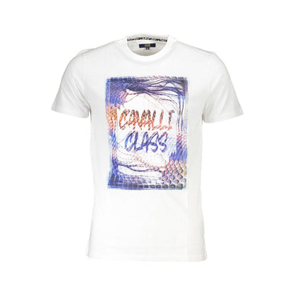 Cavalli Class White Cotton Men T-Shirt with bold print and logo, luxury short-sleeve fashion, trendy chic cotton apparel