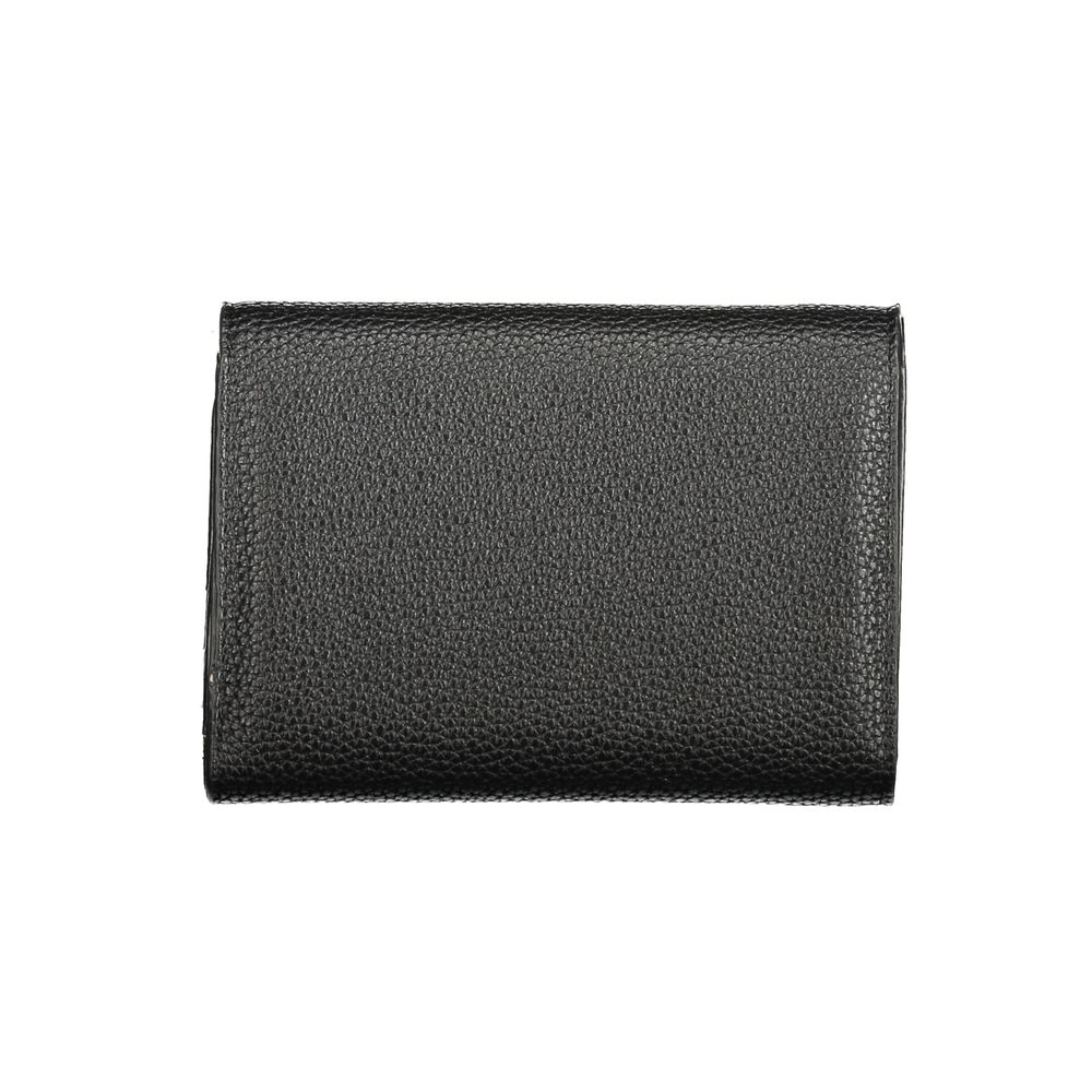 Mario Valentino Black Polyethylene Wallet with multiple compartments, coin purse, card spaces, and logo, eco-friendly recycled material.