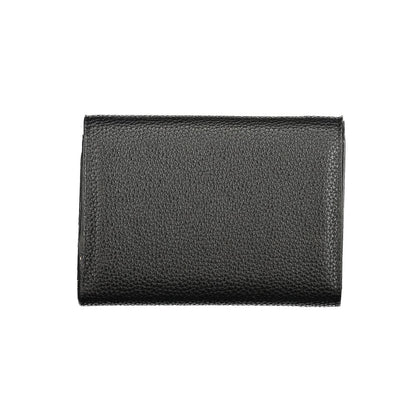 Mario Valentino Black Polyethylene Wallet with multiple compartments, coin purse, card spaces, and logo, eco-friendly recycled material.