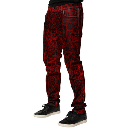 Dolce & Gabbana Red Leopard Print Cotton Skinny Denim Jeans
